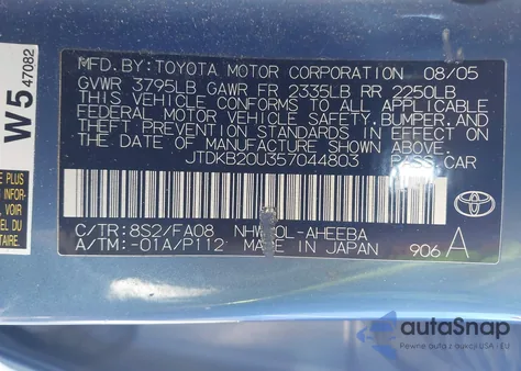 2005 Toyota Prius z USA, uszkodzony, nr VIN JTDKB20U357044803